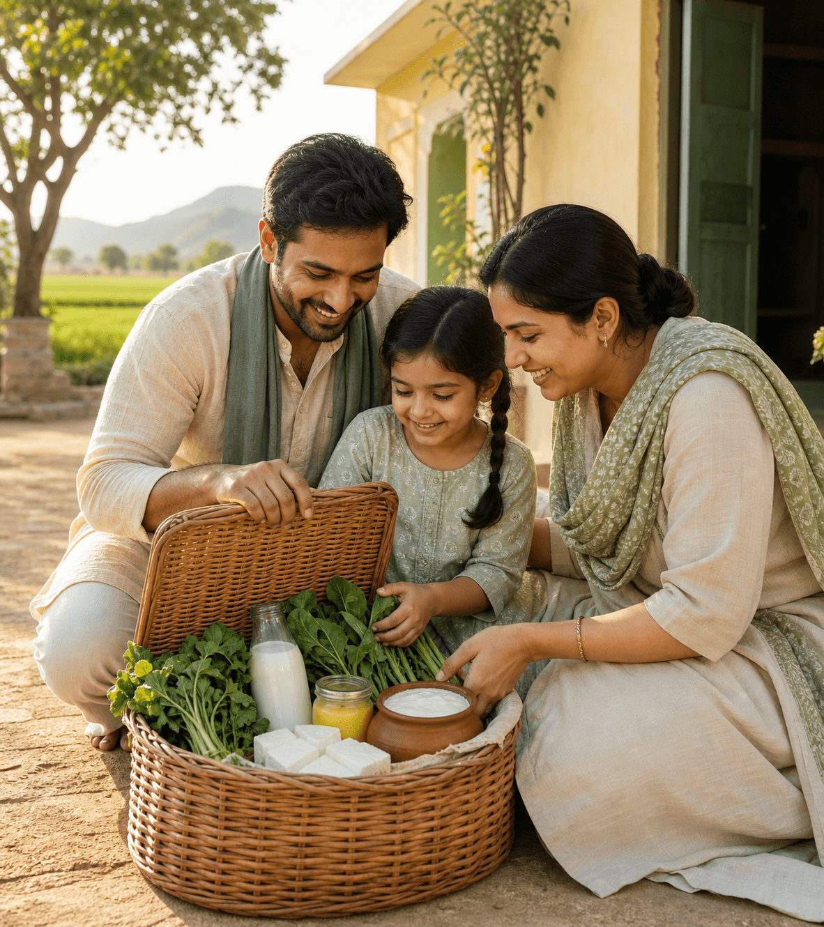 खेत में ताज़ी उपज के साथ Maati Fresh परिवार